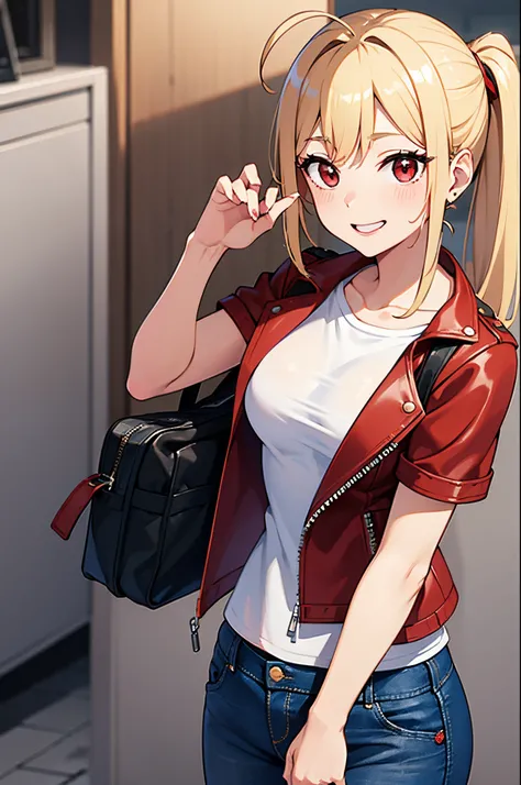 Blonde ponytail、Ahoge、big round red eyes、small tits、Beautie、White T-shirt、red leather rider jacket、Blue jeans pants、A slight smil