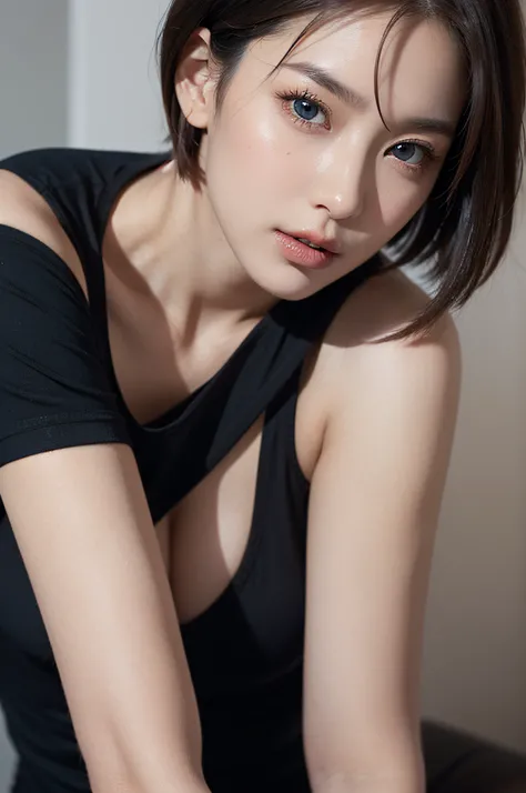 Skin Tight Black Top:1.2、watching at viewers、lighting like a movie、flawless、Soft light、High resolution skin:1.2、realistic skin textures、30 years old mature woman、Small face、off shoulders、Cleavage exposure、blue eyess、short-hair、Dark brown hair、Bust B Cup、no...