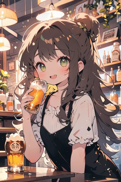 sitting in a pub１cute girl holding a beer glass and trying to drink,beer heals the fatigue of the day,smile with open mouth,girl...