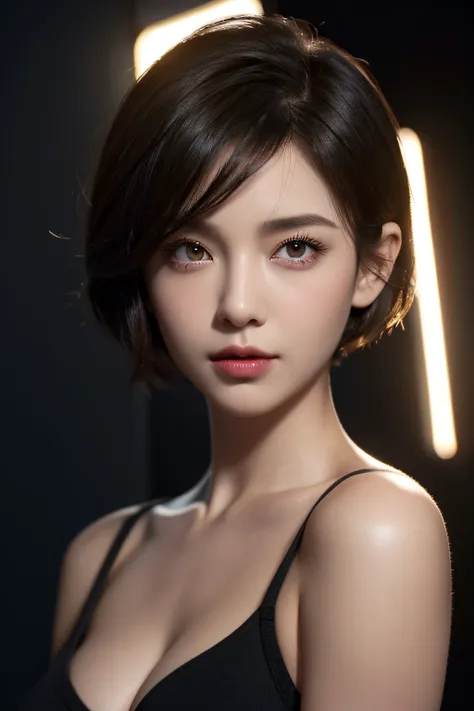 Short hair, Skin Tight Black Top:1.2, Looking at Viewer, Cinematic lighting, Perfect, softlight, High resolution skin:1.2, Realistic skin texture, Realistic face, off shoulders,Bust B Cup、 Exposed cleavage, Red Eyes, Short hair, dark brown  hair