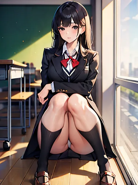 Best Quality、Raw photo、profetional lighting、Top image quality、​masterpiece、Live-action depiction、The background is an actual classroom、The background is of the best quality、The background is professional lighting、Makes your chest look sexy、Black eyes、Asian...