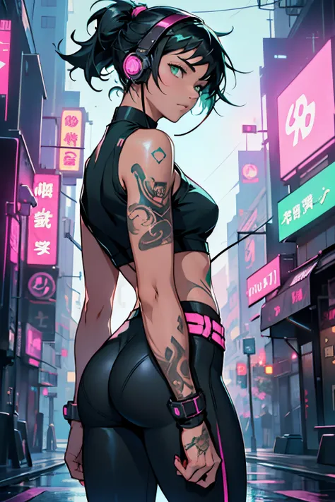 the anime, 1 girl with headphones in the city, Cyberpunk anime girl, little chest, loli, Black tight top, short hairstyle, black  hair, green colored eyes, pink earphones, bare shoulders, bare arms, bare lower back, tattoos on arms, Cyberpunk tattoos, blac...