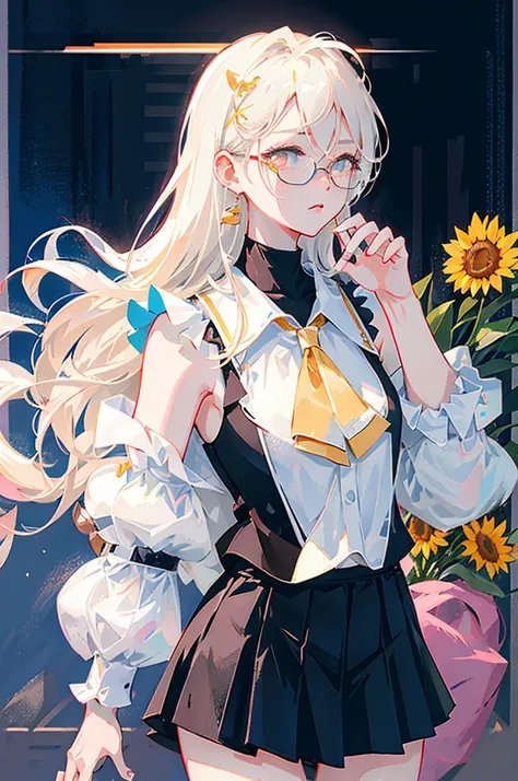 best quality, ultra high res, (photorealistic:1.4), 1woman, sleeveless white button shirt, black skirt, black choker, ((glasses)), (Kpop idol), (aegyo sal:1), (platinum blonde grey hair:1), ((puffy eyes)), looking at viewer, full body, flowers