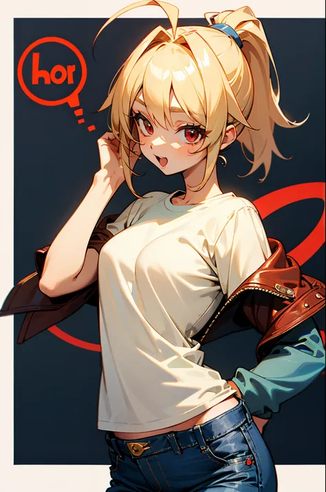 17 years old girl、blonde ponytail、ahoge、big round red eyes、small tits、beautie、white t-shirt、red leather rider jacket、blue jeans ...