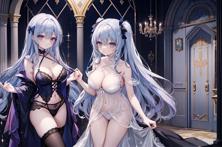 1 woman、Hair that shines like a pale sapphire、Twin-tailed、sapphire shining eyes、爆乳、Too large breasts、Seductive breasts、Lace underwear、negligee、lace cape、sapphire choker、Castle Room、Long Lace Bale、Ruffles and ribbons