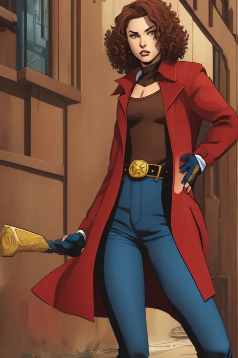 kitty pryde, marauders, red shirt, blue jeans, red leg warmers, beige coat, brown curly hair, comic illustrator