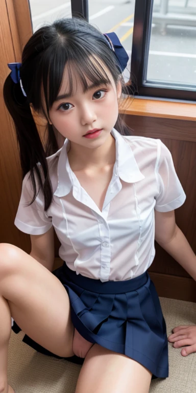 neat college girl、Bun hair、petite person、(student clothes、Sheer white shirt、Navy blue ribbon at the collar、Dark blue pleated micro mini)、(Slimed、small tit、flat boobs、small tit)、Photorealsitic、detaileds, Skin Texture, ultra-detailliert、Delicate and sexy col...