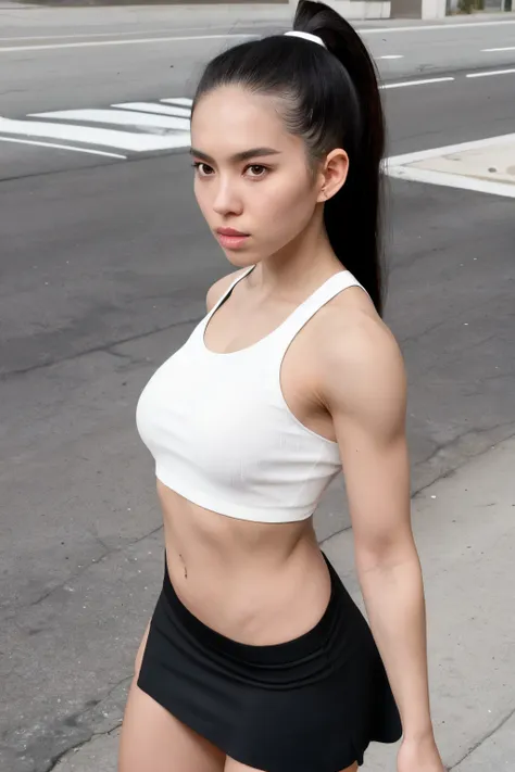 a 25-year-old girl. fitness model. height 175 cm. big and black eyes. long eyebrows. naked and black hair. with a sporty black t...