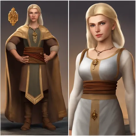 Osferth is tall and lean but muscular, with sandy blonde hair styled in a bowl cut. he has bright blue eyes and dresses like a medieval monk. Turi is short and slim but has curvy breasts and hips. she has long pale gold hair and soft brown eyes. she wears ...