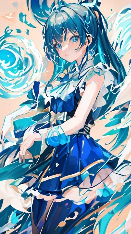 Blue hair、Blue dress、Anime girl holding blue and orange objects, Beautiful celestial mage, splash ink art anime loli, Zodiac Girl Knight Portrait, Digital art on Pixiv, Popular topics on artstation pixiv, Anime art wallpaper 8 K, detailed digital anime art...