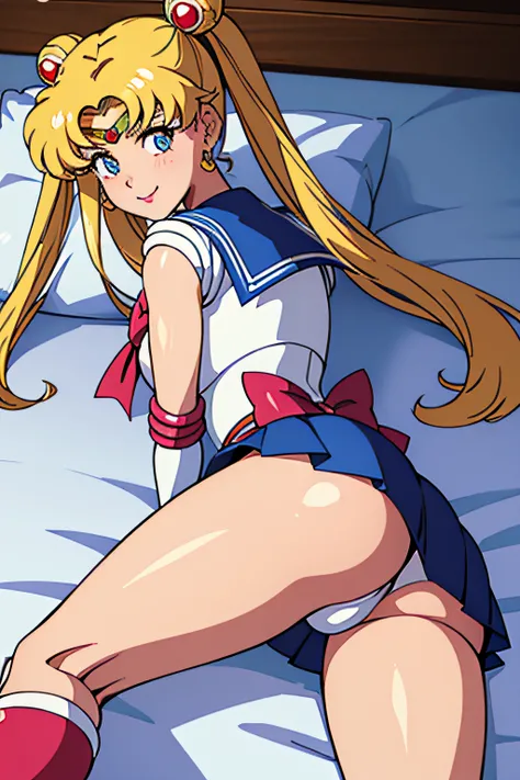 masterpiece, best quality, absurdres, perfect antomy, 1girl, solo, SMMoon, 1990s (style), blonde sailor moon, standing, smile, cowboy shot, sailor senshi uniform, sailor collar, blue skirt, elbow gloves, big booty, ultra mini skirt , jewelry, earrings, lyi...