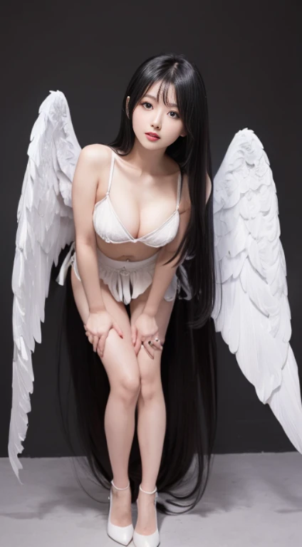 master-piece,最高品質,超High resolution),Japanese Ladies, (((very beautiful angel))),(((Cute Girl))), See photographer､front-view,(((full body image))),(((stand,Bend your knees slightly.))) hyper cute face, Glossy lips, Double eyelids in both eyes,(((pure black...