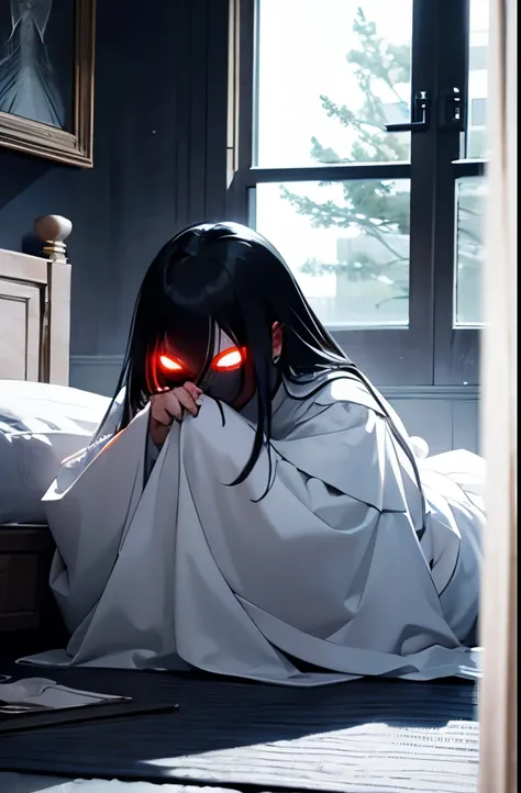 (tmasterpiece, Best quality:1.4), (realistically:1.3),  ((scary ghost)), natta，Scary female ghost，Red-eyed，Glows red，Fluffy black hair covers his face，Sadako，horror movie pictures，white dresses，crawling，like a giant spider，Lie on the floor，crawling，crawlin...