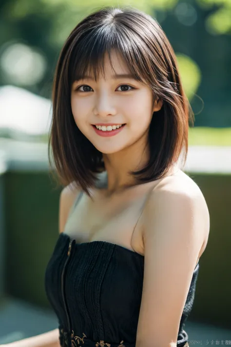 ​masterpiece、4K、top-quality、beautiful japanese female、detail portrayal、1 girl in、20yr old、(rompers:1.2)、A dark-haired、bob cuts、naturey、depth of fields、(Angle from top:1.2)、ssmile