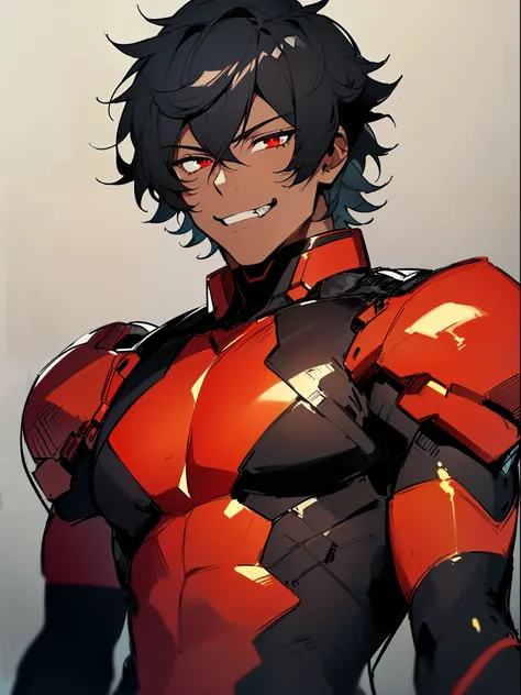 ((smug grin)), ((dark skin)), ((cybernetics)), ((black bodyarmor), ((red bodysuit)), ((android)), ((muscular body)), ((mature male)), 1boy, beautifully drawn, high resolution illustration, best quality, High definition, ((detailed anime sketch)), Masterpie...