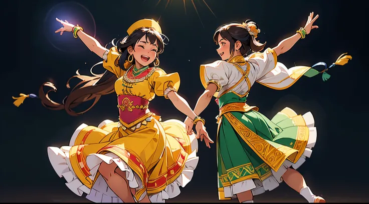 (best quality, HDR, ultra-detailed, realistic:1.37), vibrant colors, traditional dance, traditional Ecuadorian costumes, lively atmosphere, graceful movements, intricate embroidery, flowing skirts, joyful smiles, festive music, cultural heritage, dynamic p...