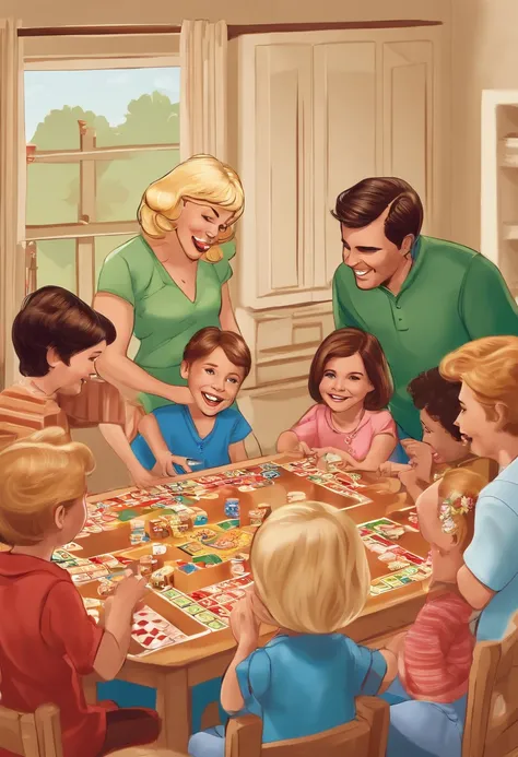 A photo of Karen hosting a traditional family game night at her home. She is surrounded by her 7 kids, all smiling and enjoying the games.,original,Bleach blonde Karen haircut. Middle aged white woman with a pinched look to her face. Slightly maniacal eyes...