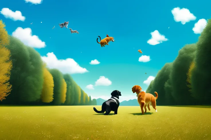 there is a cat and a dog running together in the air, painting digital adorable, arte digital bonito, Directed by: Dechko Uzunov, arte digital detalhada bonito, pet animal, Tiny cat riding a Labrador, High quality illustration, arte fofa, papel de parede d...