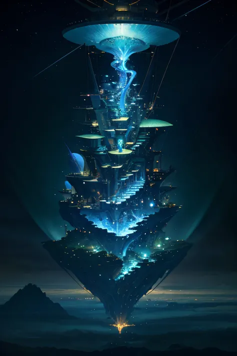 Many islands suspended in the sky, many blimps flying around, city, fantasy, magical plant growth, extreme detail, realistic light, epic composition, (complex detail), (complex design, ultra detail: 1.2) , Art Station, (Masterpiece, Best Quality), Ultra HD...