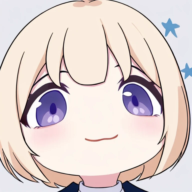 masterpiece, best quality, 1girl, bocchi, chibi style, 1 girl, cute, short hair , blonde hair , ocean dark blue eyes with star pupils , beautiful eyes , purple sweater, white blank background, smiling.