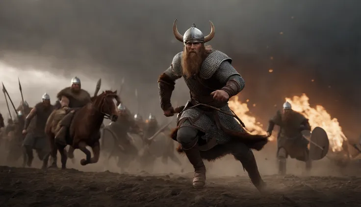 Envision a riveting scene of a battle-hardened viking charging fearlessly into the fray, covered in scars and dirt. Dive into micro-details to create a photorealistic depiction using Octane Render, capturing the intensity and realism of the moment.

Zoom i...