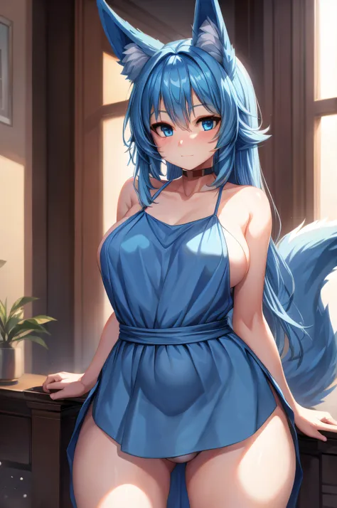 (Masterpiece) (High Detail) (High Res) A short petite humanoid girl with skin and blue eyes and long blue hair and blue dog ears and a big fluffy dog tail and average breasts and a large human cock. She is stood alone wearing a blue dress, crotch bulge.