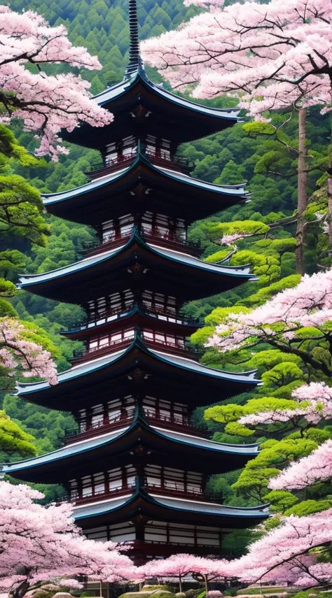 1 Japanese pagoda in a forest surrounded by cherry blossoms, masterpiece