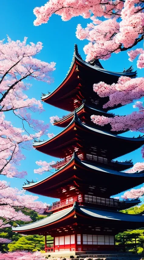 1 Japanese pagoda in a forest surrounded by cherry blossoms, masterpiece, landscape