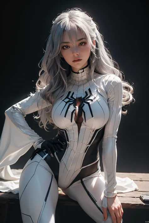 (Extreme Detail CG Unity 8K wallpaper, masterpiece, highest quality), (Exquisite lighting and shadow, highly dramatic picture, Cinematic lens effect), a girl in a white Spider-Man costume, silver gray hair color, from the Spider-Man parallel universe, Weng...