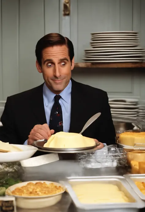 A photo of Michael attempting to make a cheese souffle.,The Office TV show,Michael Scott, the fictional character from “The Office,” is a middle-aged man with a receding hairline and a penchant for ill-fitted suits, which adds to his somewhat awkward and u...