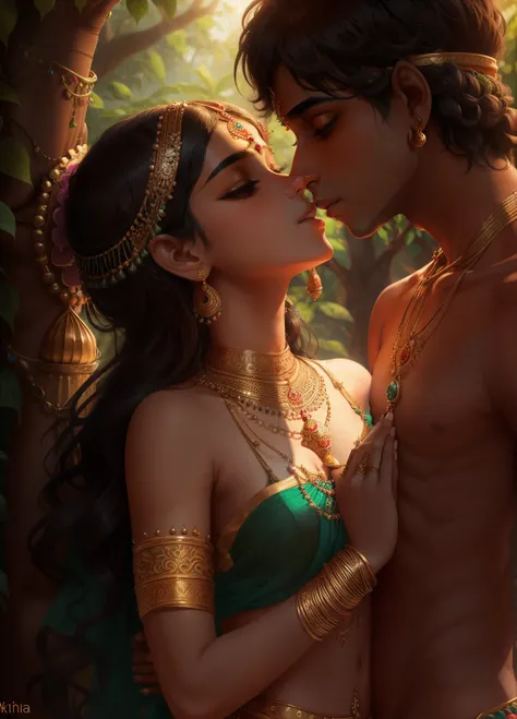 duo, where teenage young Krishna, and Radha with her fair skin wearing jewelry, in nature, soft colors, depth of field, correct anatomy,  aggressively making out, very sexy clothes, bsfw, kissing on neck passionately