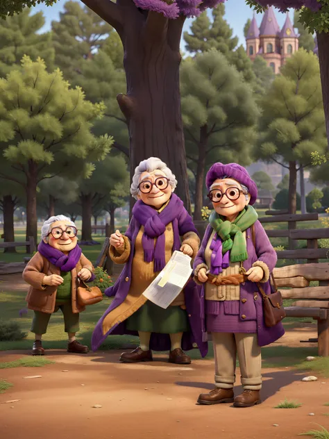 masterpiece, best quality, an old woman with glasses and a scarf on, wearing a purple coat and green scarf, standing at the park