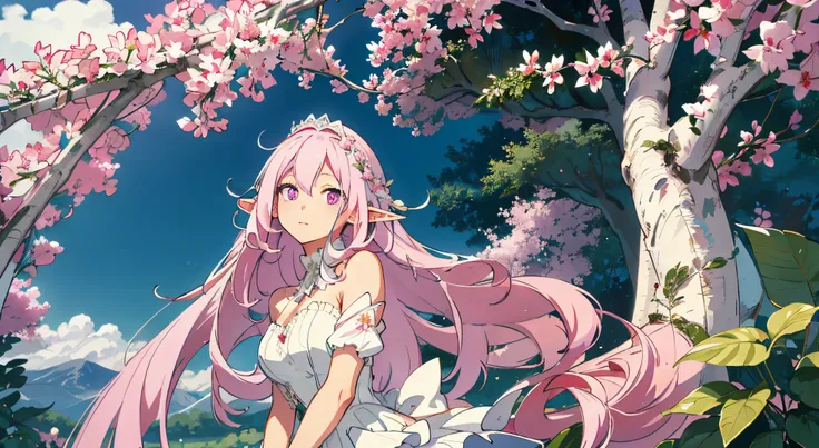 (very long hair, dress, white dress, large breasts, pink hair, 1girl, hair ornament, bare shoulders, white gloves, solo, gloves, pointy ears, elf, pink eyes, purple eyes, symbol-shaped pupils, diamond-shaped pupils, cleavage, boots, white footwear, petals,...