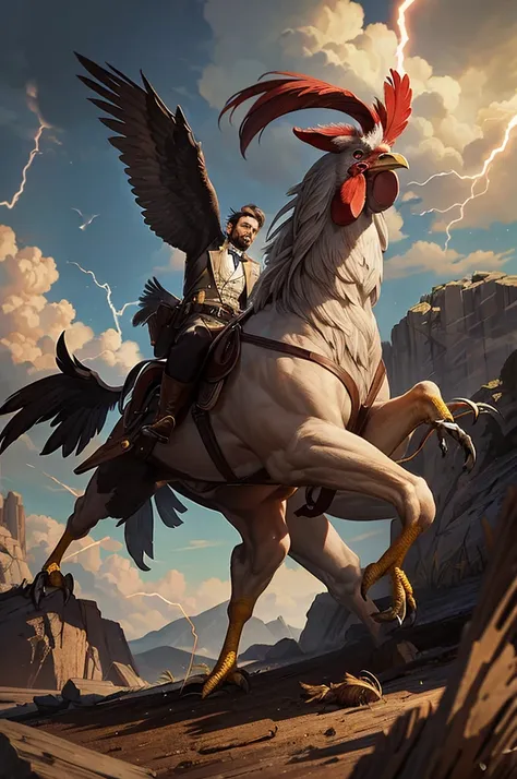 Abraham Lincoln fighting a rooster in a lightning storm, digital art