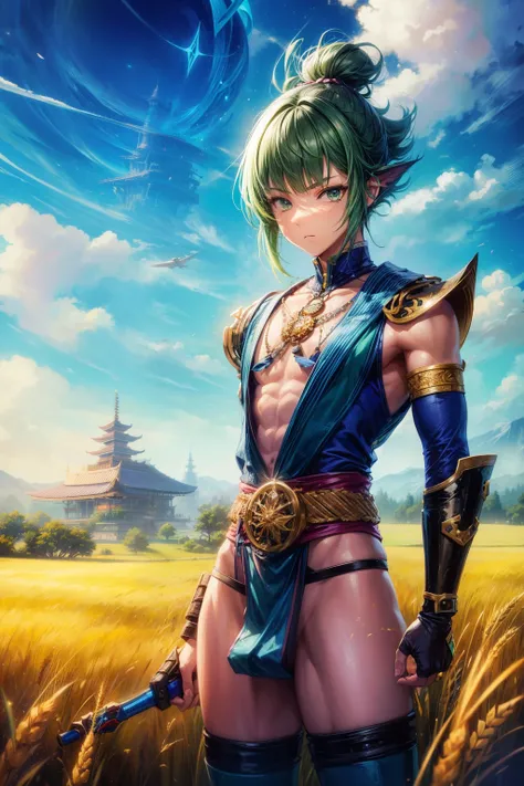 Tsukuru, Magic punk style, Extremely ridiculous, concept-art, Best quality at best, perfect litthing, illustratio, vanishing point, sitted, looking at viewert, Mature male characters, 1boys, (with no mouth:1.3), malefocus, male people, Green hair, dye bang...