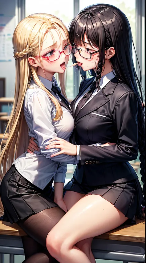 Two women facing each other,15yo student,((cum in mouth)) ,(((blushed face))), ((cum on tongue)), (())((Im opening my mouth)),((business suits and school uniforms))(Happy Ahe Face),Wet with sweat,(long blonde hair with black braids wearing glasses,)(‎Class...