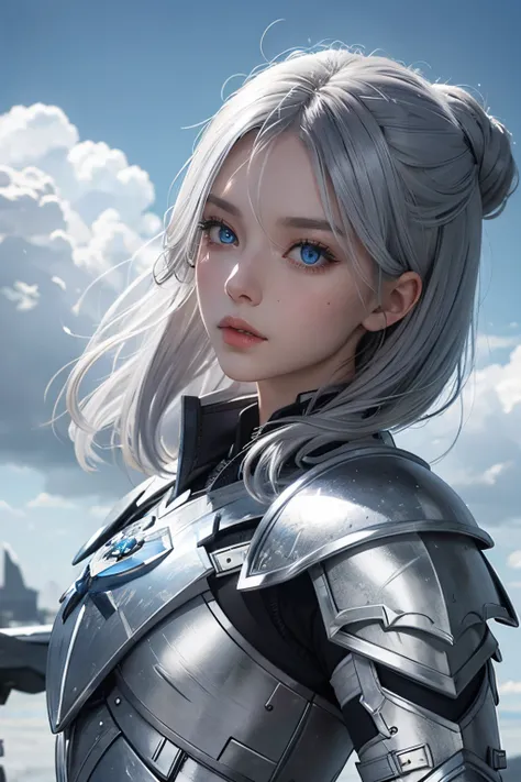 Guardian on heaven,blue eye,grey hair,grey wing,white and blue armor