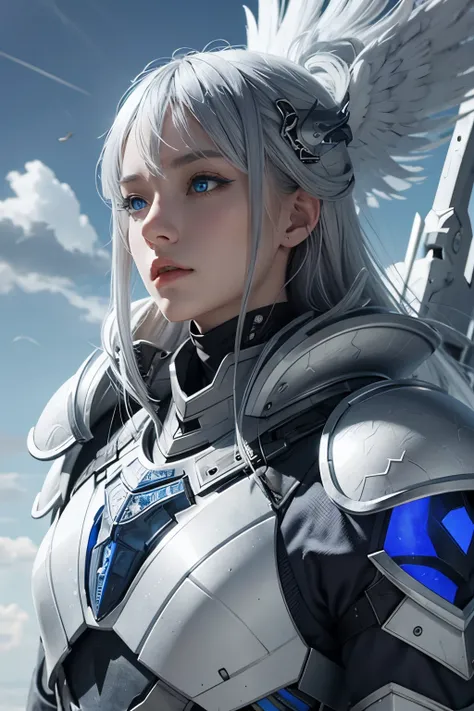 Guardian on heaven,blue eye,grey hair,grey wing,white and blue armor