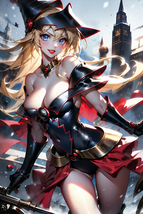 Black Magician Gil, sportrait, fit derrier, blue eyes. extra long blonde hair. red-lips. christmas suit, smiling, Sexy. city snow background.