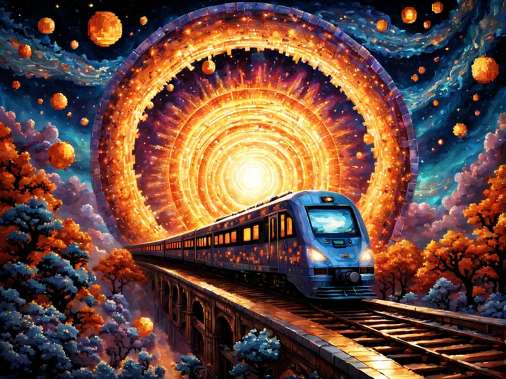 (pixel art:1.3), in the vast expanse of the cosmos, amidst swirling galaxies and dazzling stars imagine a spectacular celestial event, a colossal portal materializes, crackling with vibrant energy, from within emerges an ((extraordinary train)) unlike anyt...