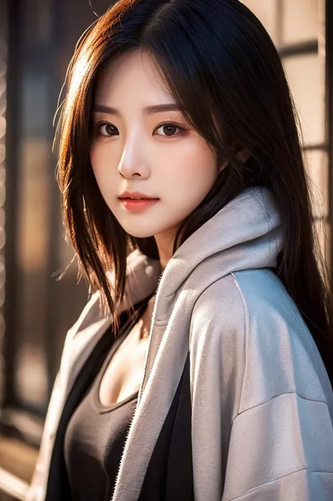 Cute gorgeous Assassin asian girl hoodied, Katana, pretty and glowing Face , tattoos,in side her face, gorgeous body, extremely realistic, full body shot