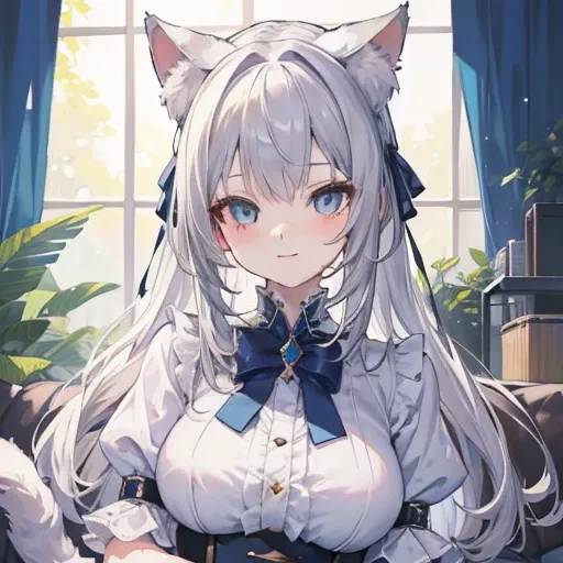 (hi res), ((masterpiece)) , ((best quality)), illustration, furry, 
cat, animal ears, tail, bodyfur, 1girl, POV, upper body, 1girl, solo, long hair, gray hair, *//*, blue eye, *//*, white blouse, looking at viewer, smile,