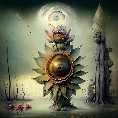 (((there is a "very strange looking flower with an eyeball in the center" in a swamp))), it has furry pedals++ in the middle of a swamp, "otherworldly plants in the swamp", vivid colors, surreal and fantasy art, dark surreal art, surreal dark fantasy, surr...