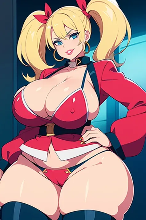 1girl in, (((Bimbo))),hoop earrings, Puffy lips, Painted lips, thick lips. Blonde hair, short twintails, wide hips, thick thighs, Bursting breasts 、evil smile