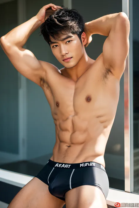 arafed man in a black mesh underwear posing for a picture, black underwear, Japanese male, model with attractive body, male model, sexy masculine, lean man with light tan skin, strong masculine features, underwear ad, wonbin lee, male body, asian man, sout...