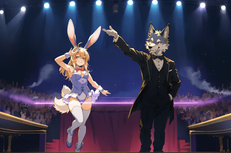 cover page, anime key visual, highres, top quality, best quality, paid reward available, High-quality illustrations, unparalleled masterpiece, perfect artwork, absurdres(magic stage, 1girl playboy bunny, magician 1wolf in suit)on stage, smile, happy, perfe...