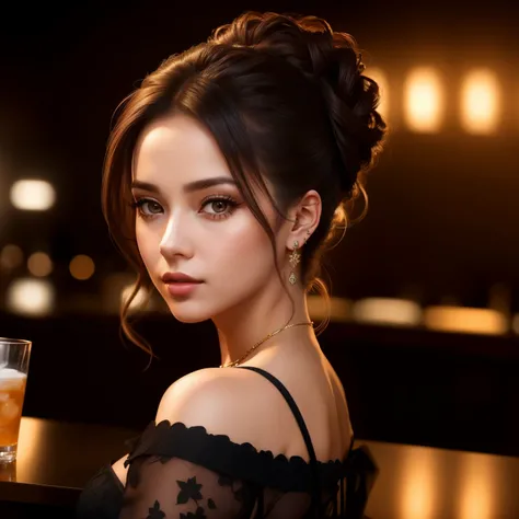 portrait photo of Jordyn beautiful woman hair updo upsweep nightclub sitting at bar (masterpiece) (best quality) (detailed) (8k) (HDR) (wallpaper) (cinematic lighting) (sharp focus) (intricate)