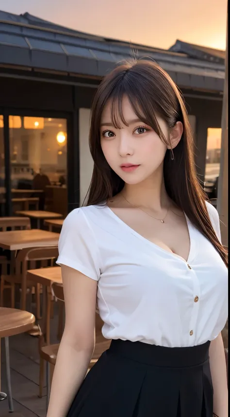 masutepiece, Best Quality, Illustration, Ultra-detailed, finely detail, hight resolution, 8K Wallpaper, Perfect dynamic composition, Beautiful detailed eyes,  Natural Lip,In front of the café,Lit up,Beautiful sunset,White Y-shirt:1.5,black short skirt with...