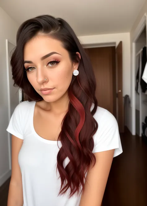 Tan girl with two dyed red parts in the front of her hair and the rest of her hair black, with a little cute button nose, nose stud piercing , and long eyelashes