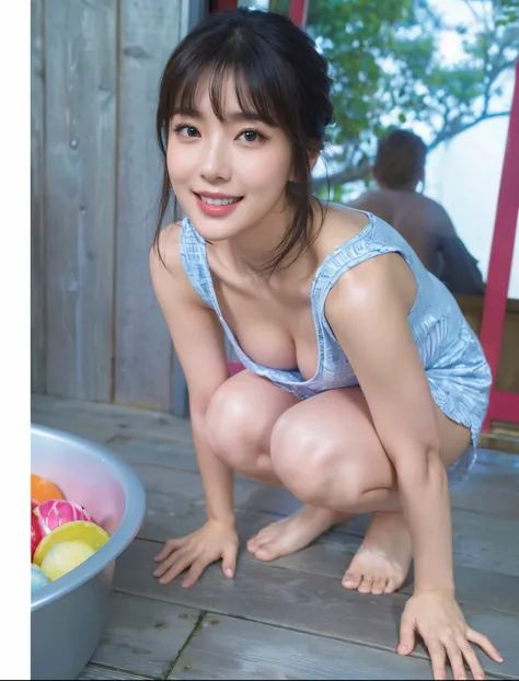 (top-quality、8k、​masterpiece:1.3)、Beautiful Women in Perfect Figure:1.4、dark brown hair、extremely detailed face and skin、A detailed eye、二重まぶた、huge tit、a smile、g-cup